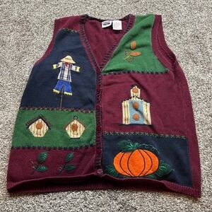grandma Woman Sweater Vest‎ 2X Autumn Scarecrow Pumpkin Church Applique